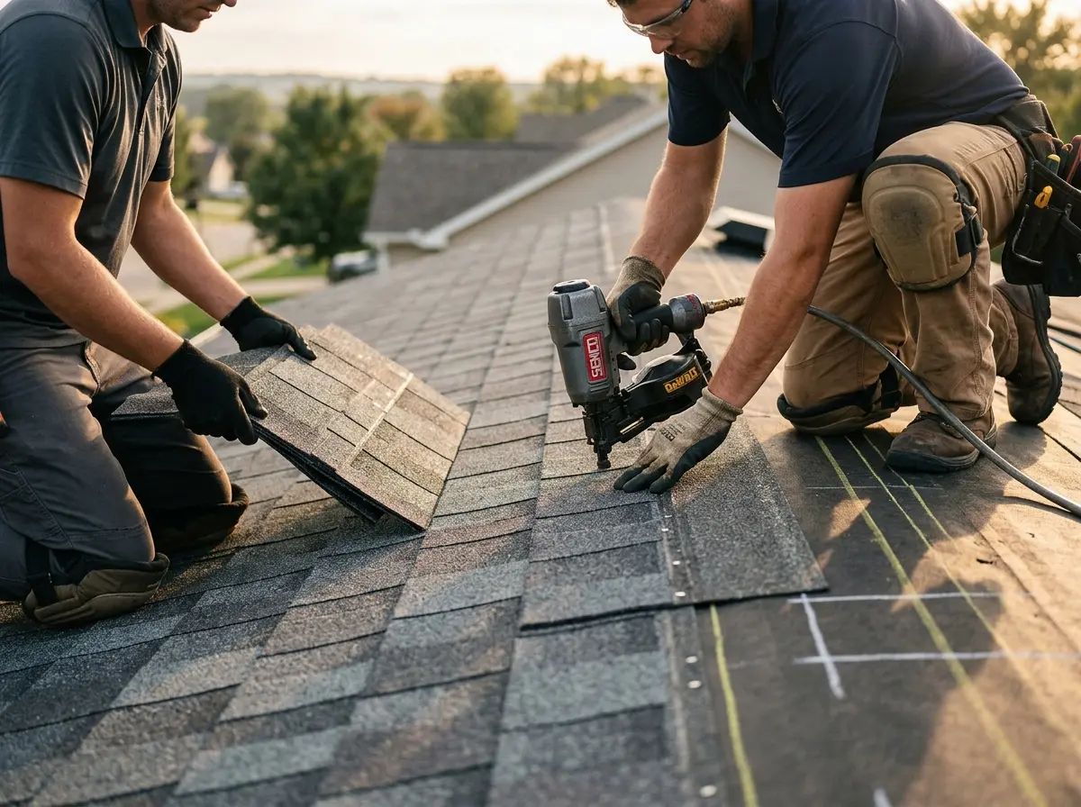 Professional roofer working on a residential roof in Frankfort